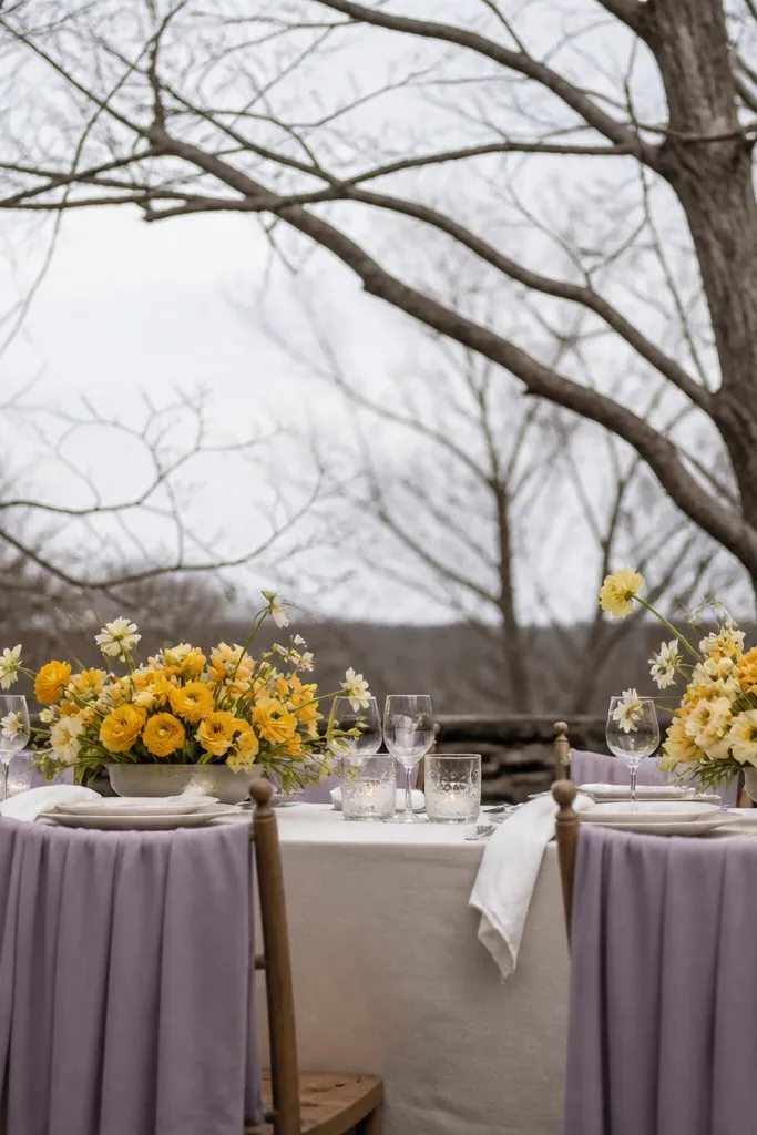 Lilac-gray bridesmaid dresses with saffron accents and cream florals