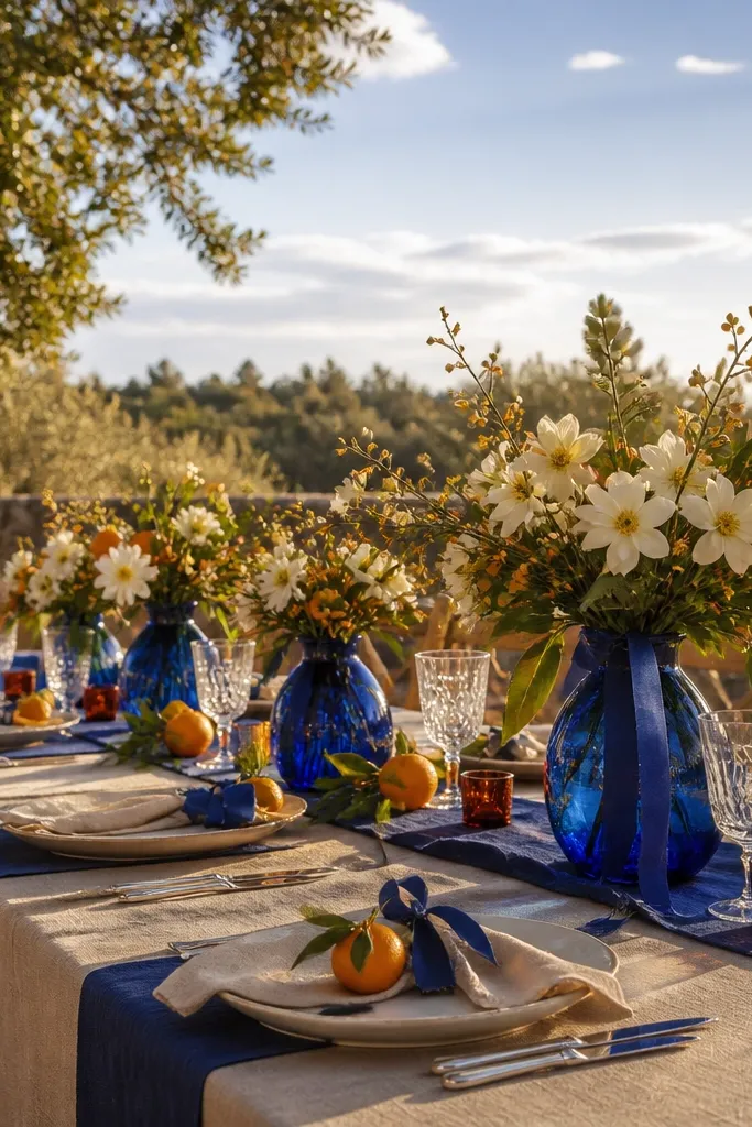 Cobalt blue table accents with orange blossom florals and warm linen linens