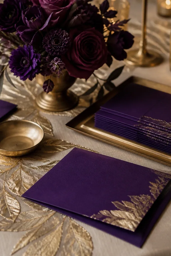 Violet wedding stationery with gold accents and warm sand table linens