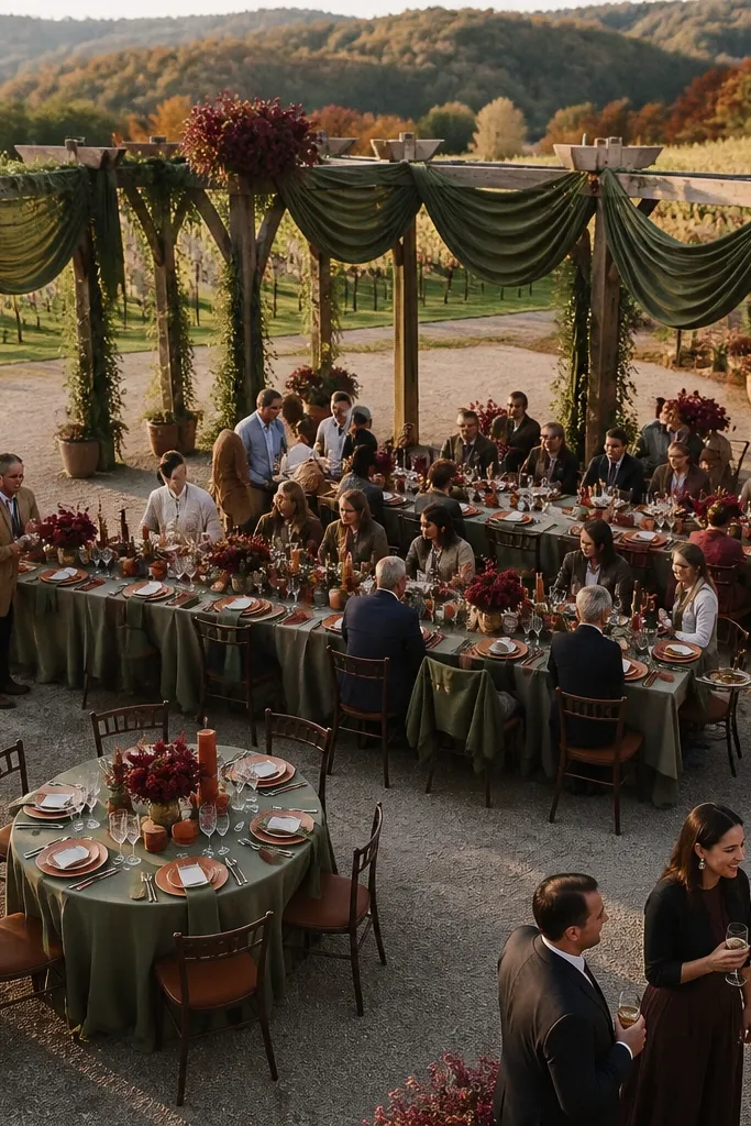 Red currant florals with warm rust table settings and dark olive greenery