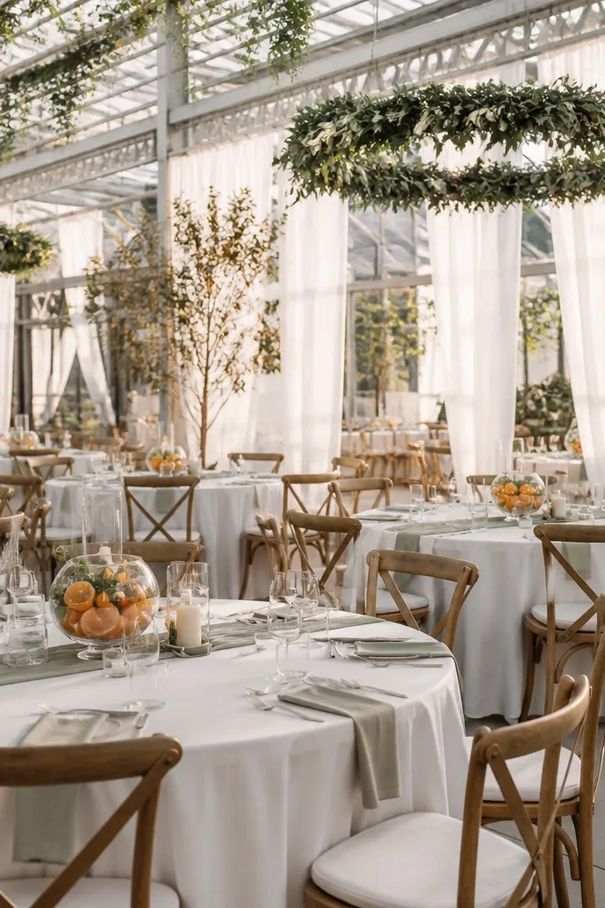 Sage smoke greenery with tangerine accents and creamy white table linens
