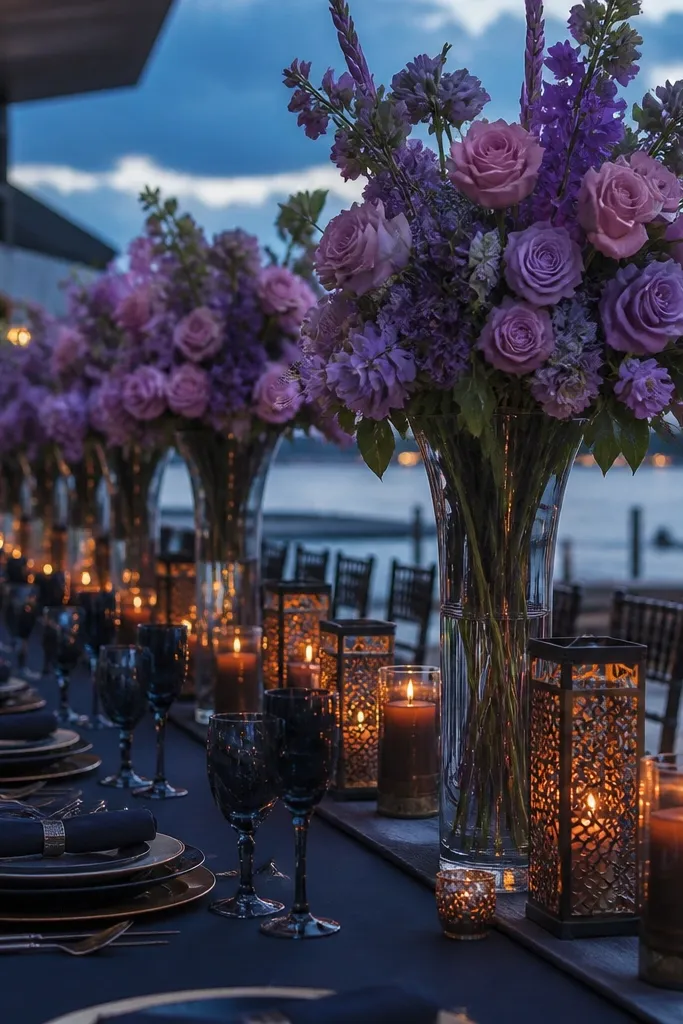 Bright lilac accents with cinnamon decor and black-tie navy suits