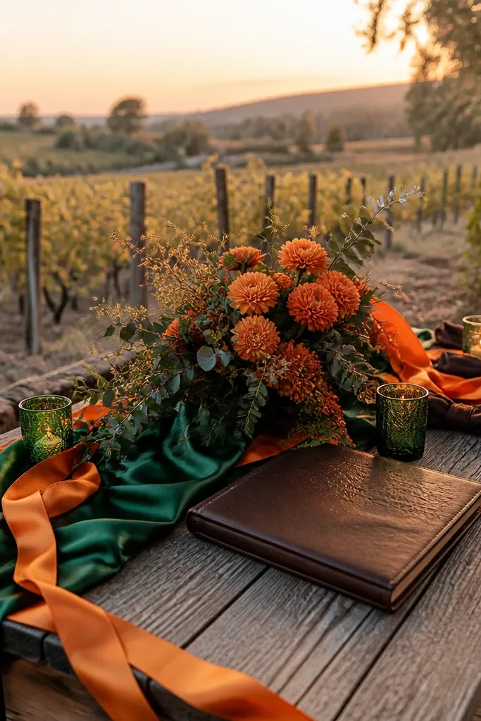 Orange soda color accents with emerald greenery and espresso brown table decor