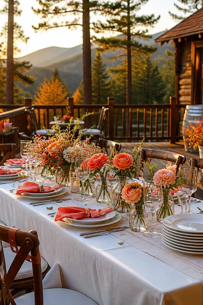 Bright coral bouquets with teak brown table accents and soft white linens