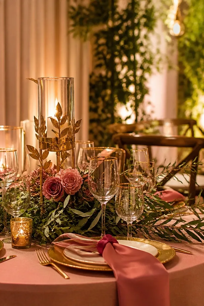 Dusty rose-red florals with bright gold candleholders and olive leaf greenery