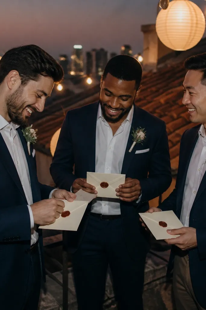 Warm lanterns on a rooftop with groomsmen holding matching cards
