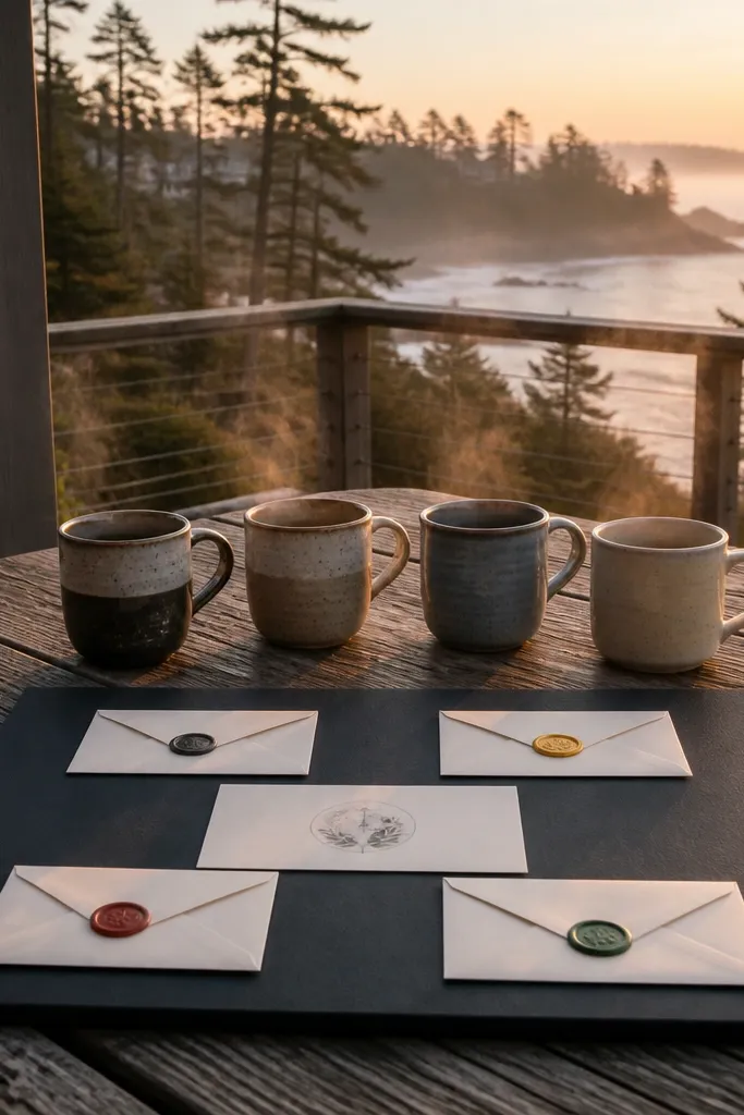 Coffee cups on a picnic table with a board of cards