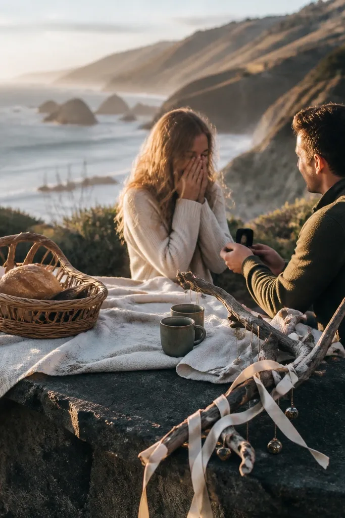 Picnic blanket on a cliff edge with ribbon clues