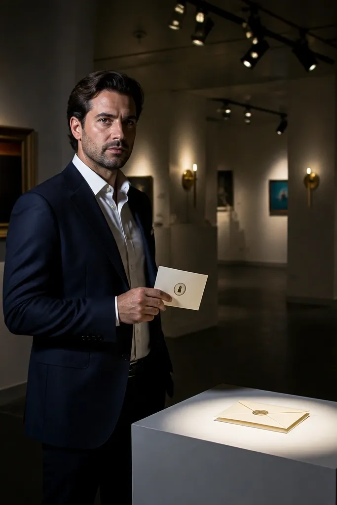 Groomsmen seated in a gallery with framed cards and soft light