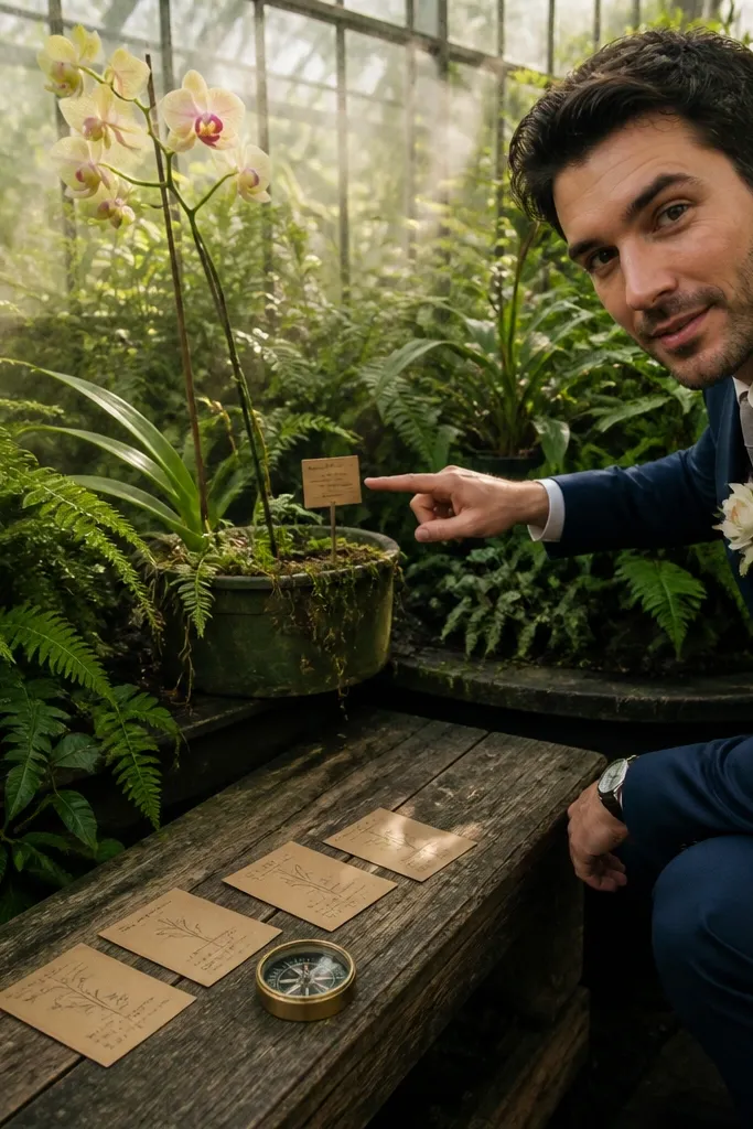 Groomsmen under glass roof with labeled plants and matching ribbons