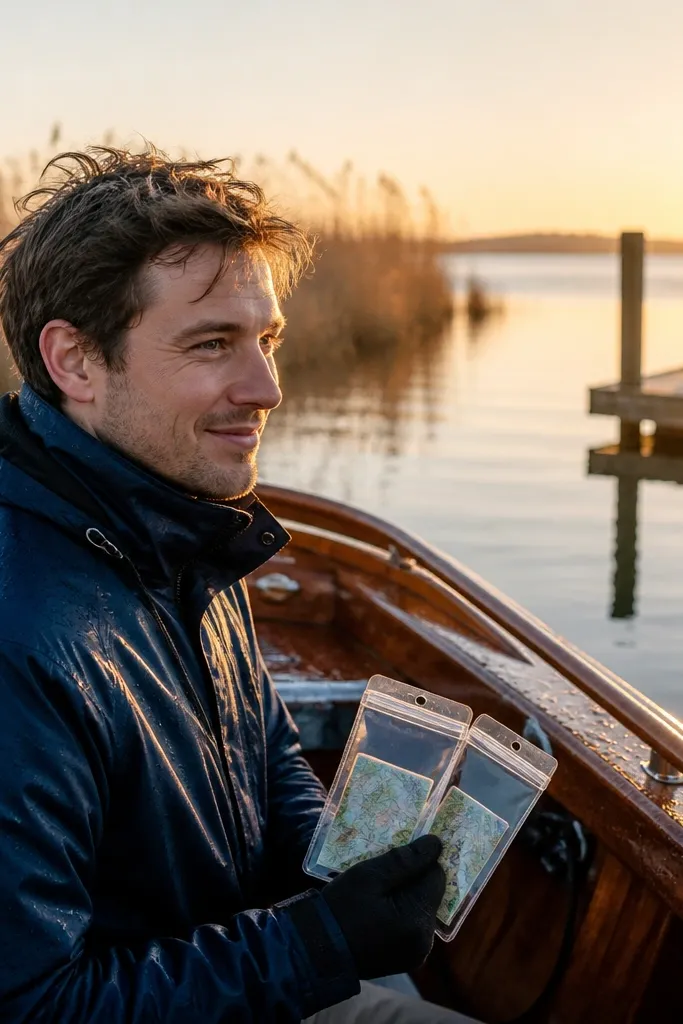 Coordinated groomsmen on a small boat holding sealed waterproof cards