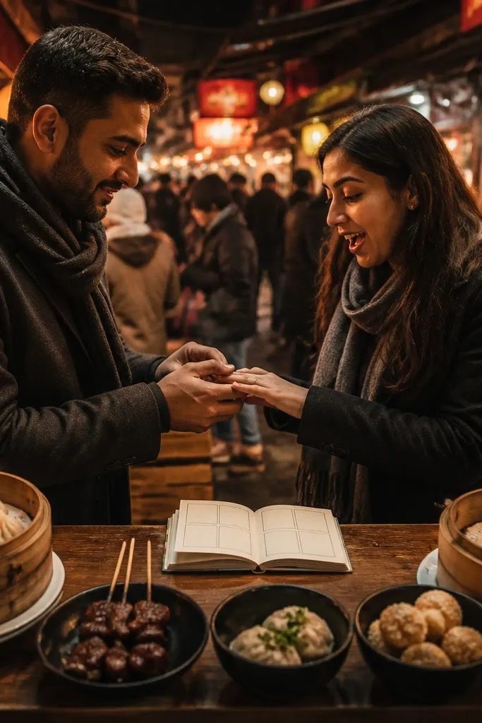 Matching groomsmen holding a passport booklet at a night market stall