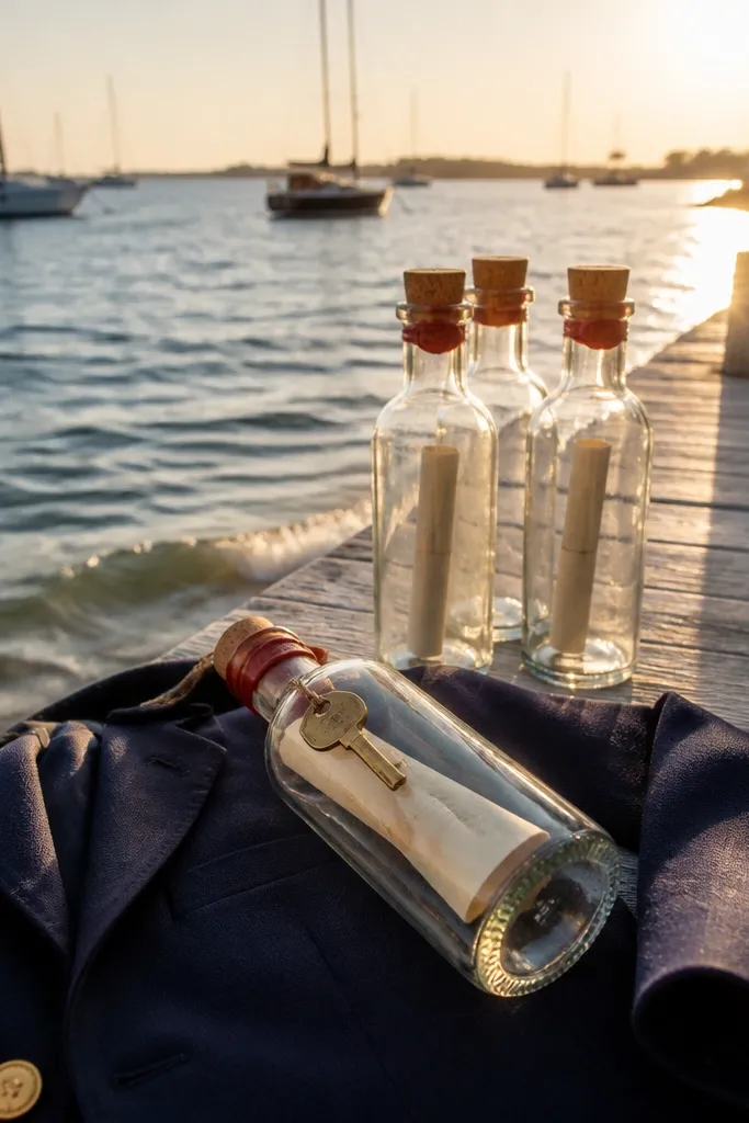 Sealed bottles on a boardwalk with groomsmen in coordinated neutrals