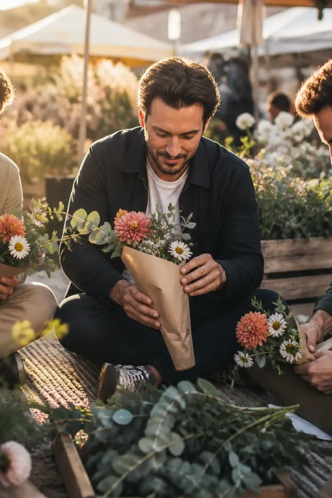 Farmers market flowers and picnic setup with sealed proposal cards
