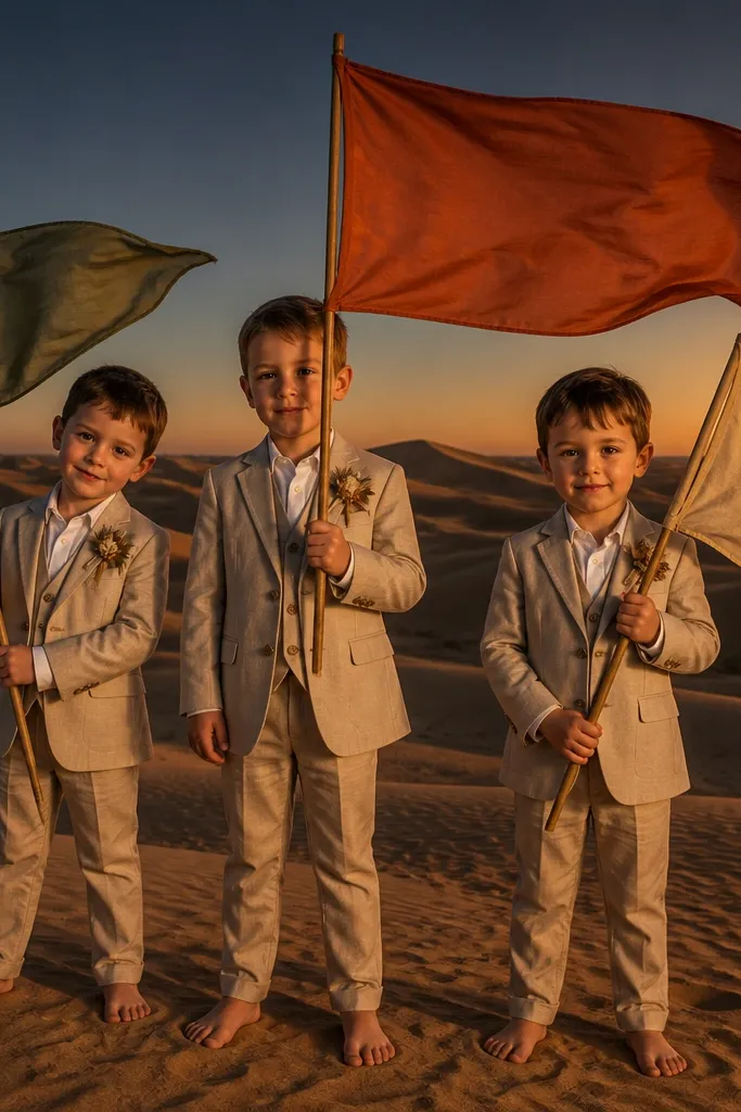 Coordinated groomsmen holding small fabric flags in a desert at sunset