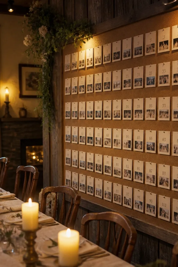 Candlelit table with place cards arranged like a story wall