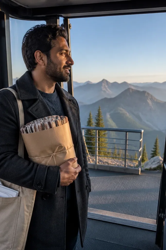 Gondola ride view with groomsmen on a blanket holding matching envelopes