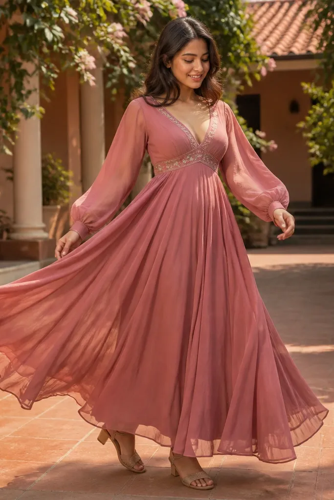 Dusty rose anarkali with organza puff sleeves and a flowing skirt