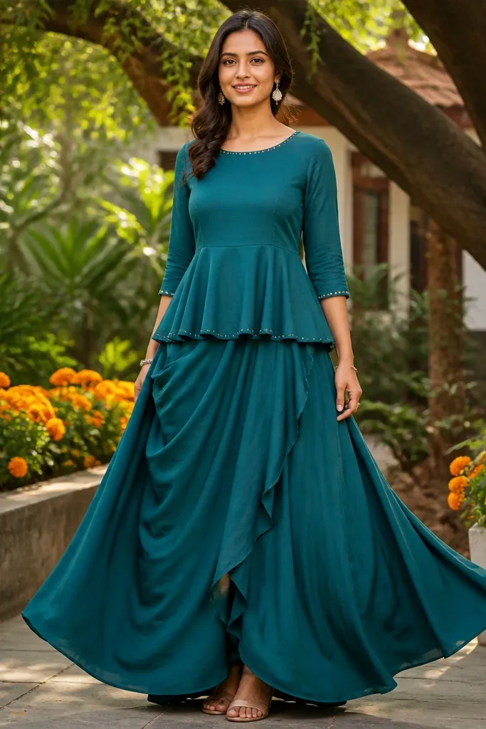 Deep teal peplum kurti with a draped skirt and matching belt