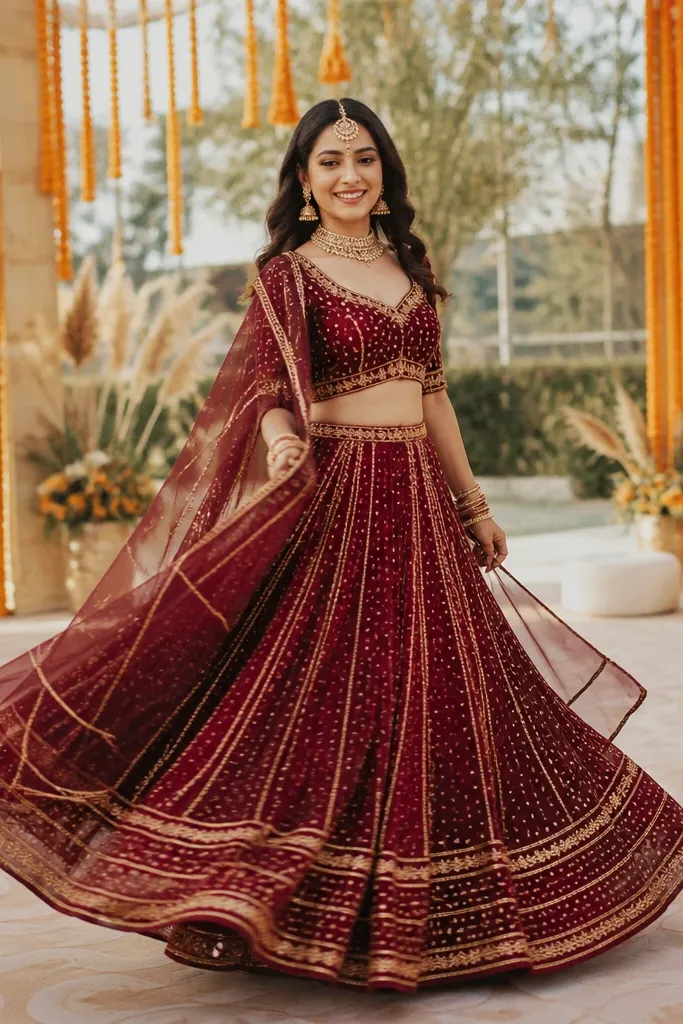 Antique maroon lehenga with soft gota lines and a flowing skirt