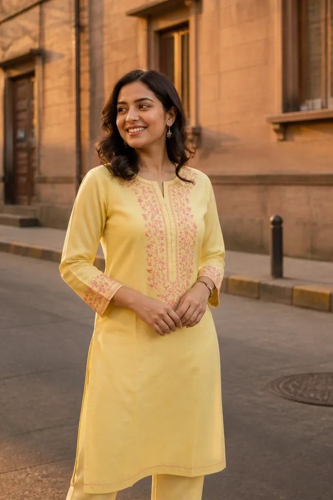Muted lemon-yellow indo set with peach embroidery and a straight kurta hem
