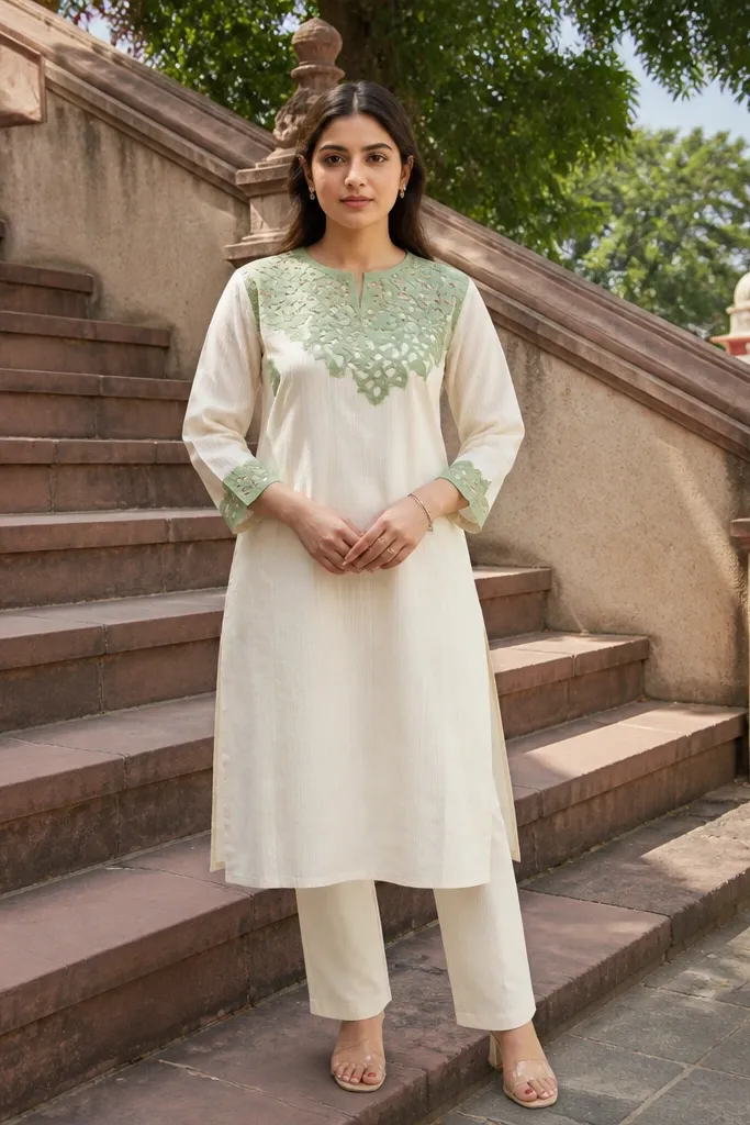 Ivory kurta with a sage green cutwork yoke and simple straight pants