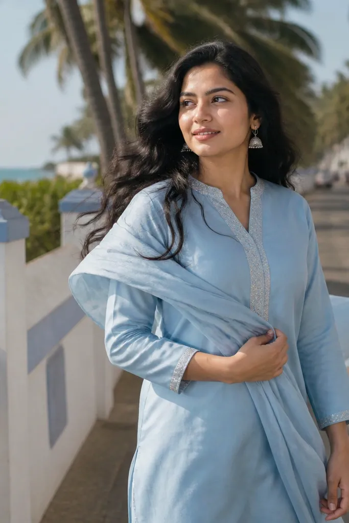 Powder blue straight kurta with a silver thread neckline and matching churidar