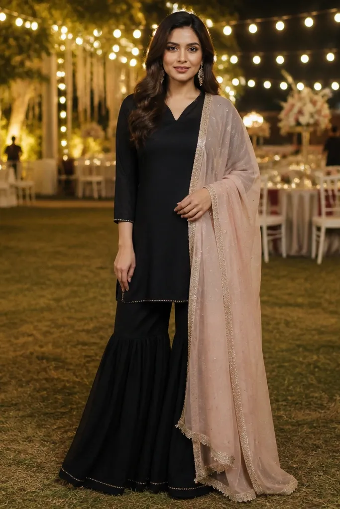 Black crepe gharara set with a blush dupatta and subtle embroidery