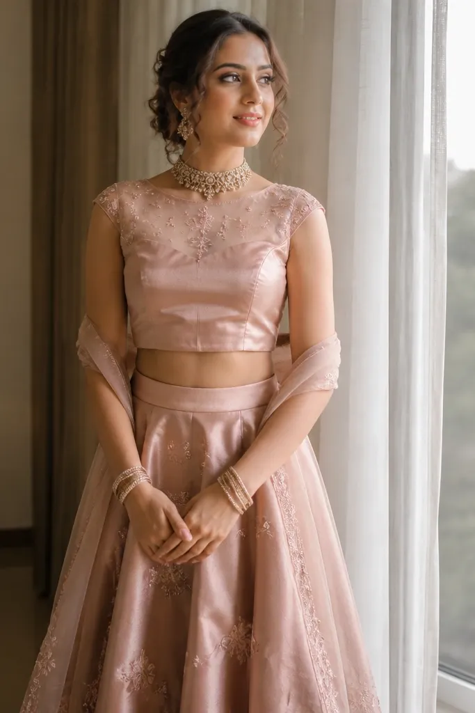 Rose gold satin-matte mini lehenga with a sheer yoke and soft flare