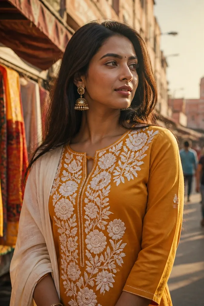 Marigold-orange kurta with off-white floral applique and matching pants