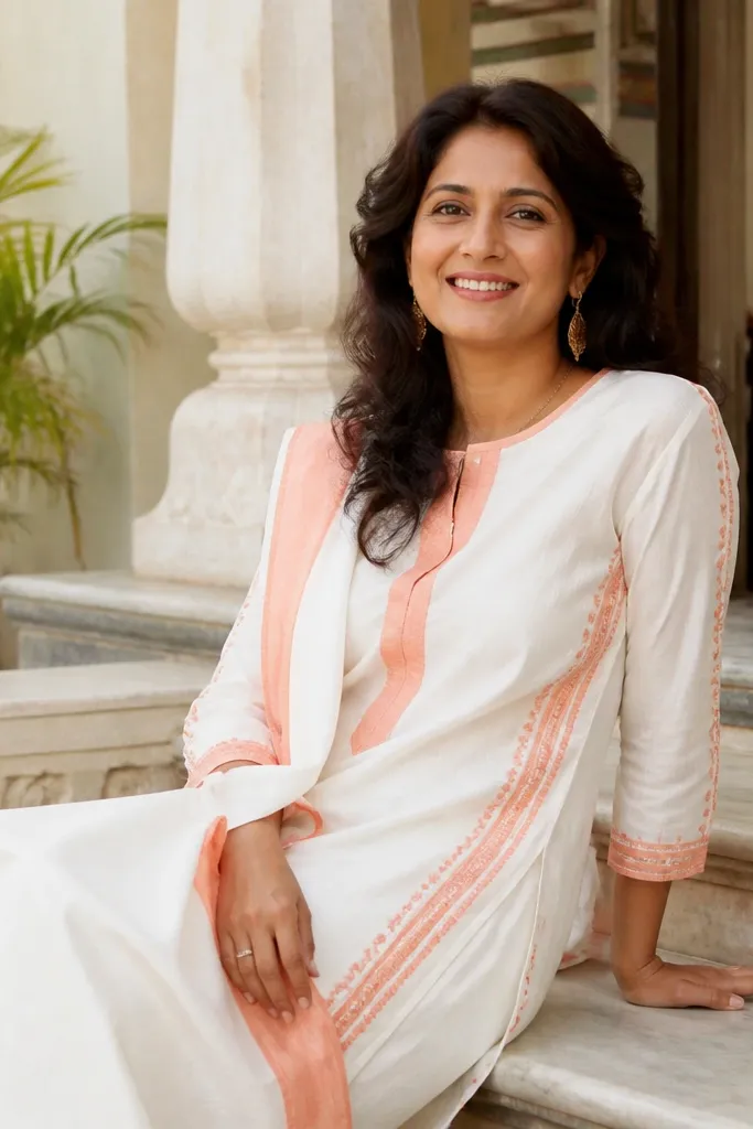 White cotton-silk kurta with peach border and gathered sleeves
