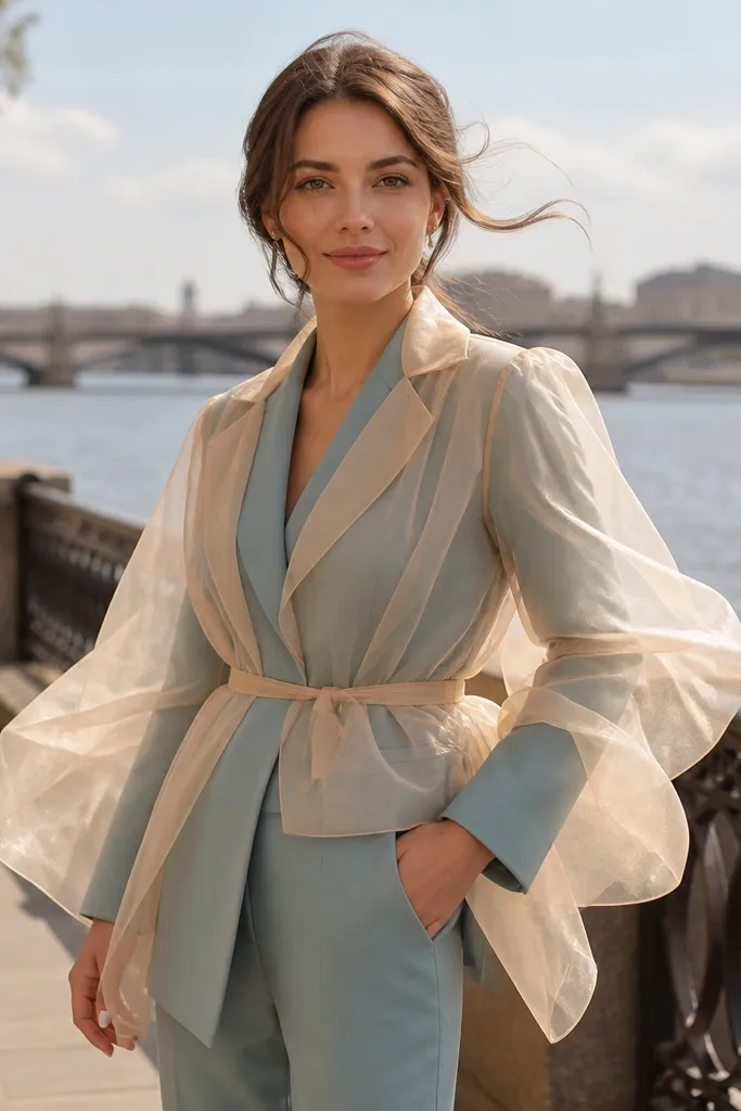 Dusty teal suit with a champagne organza overlay and soft pleats