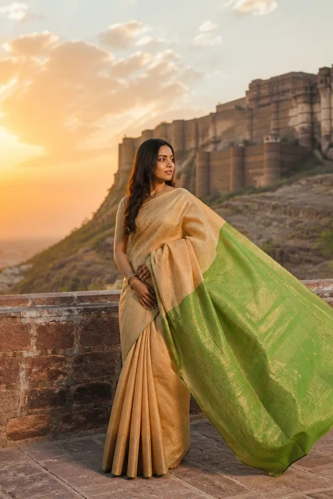 Saffron beige saree with a sage green pallu and light border