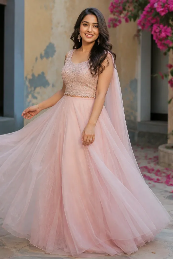 Blush pink lehenga with a layered tulle skirt and soft shimmer
