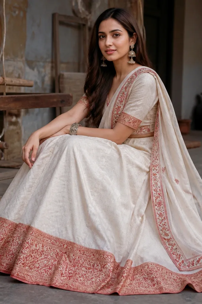 Ivory lehenga with terracotta border and textured fabric