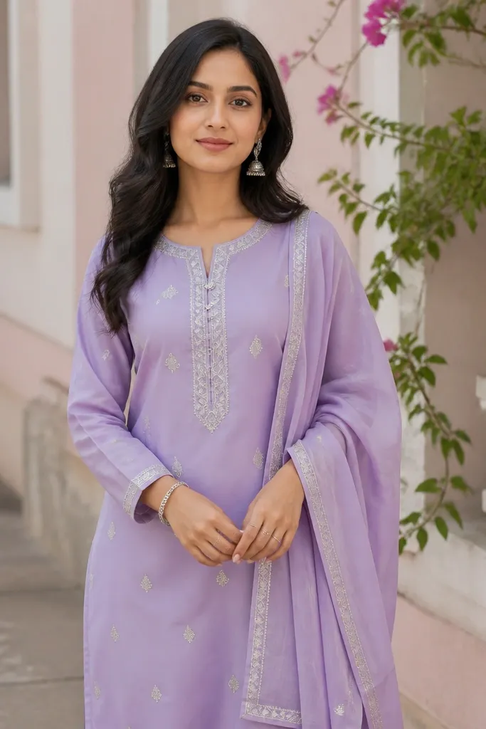 Lilac kurta with silver motif buttons and straight pants