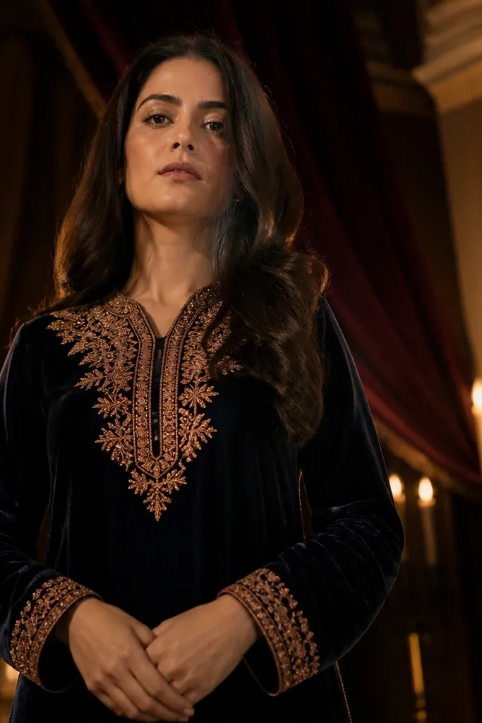 Navy kurta with copper thread work and matching churidar