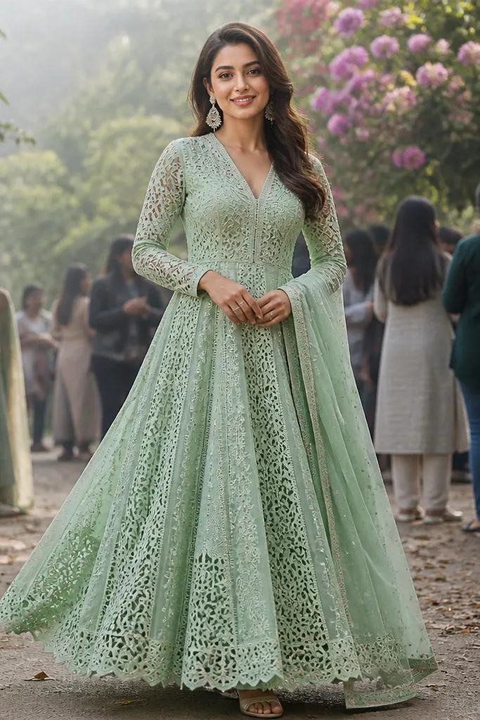 Pastel green anarkali with floral cut panels and a full skirt
