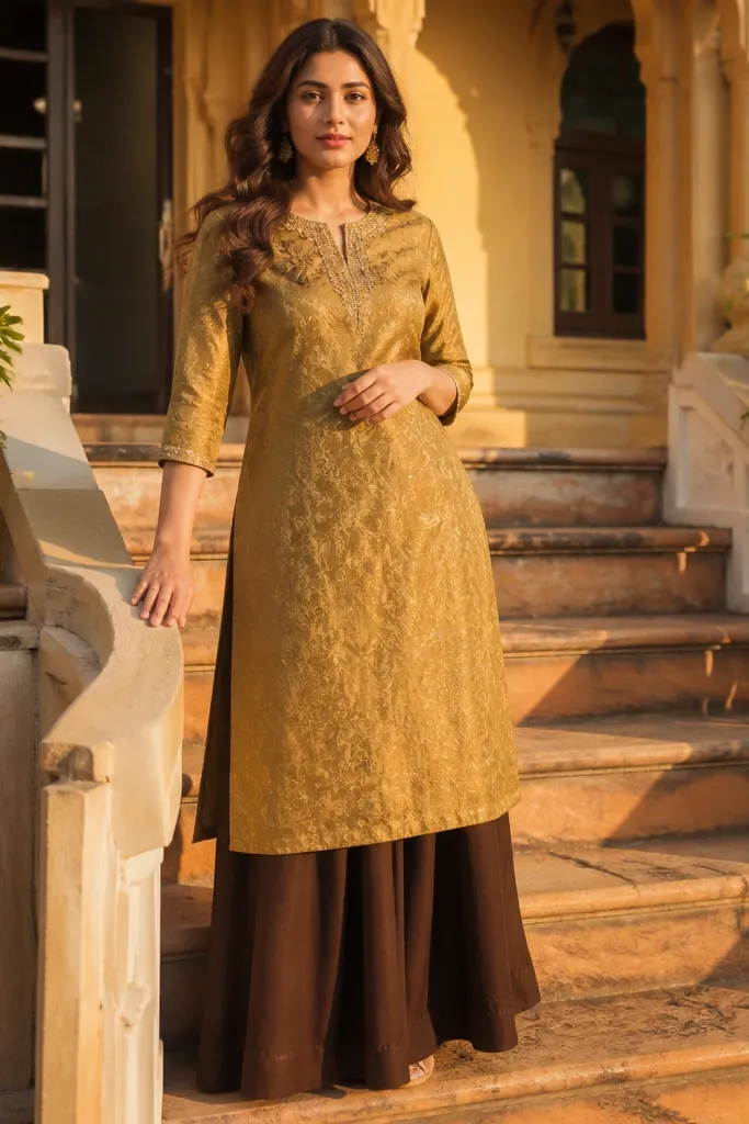 Antique gold kurta with espresso brown palazzo pants