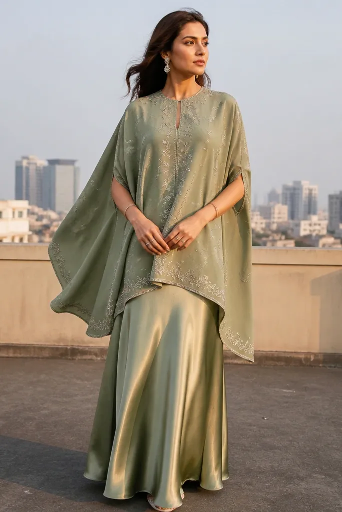 Sage green cape kurta over a satin skirt with a simple belt