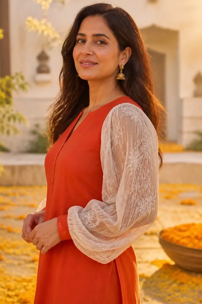 Red-orange kurta with white net sleeves and a clean neckline