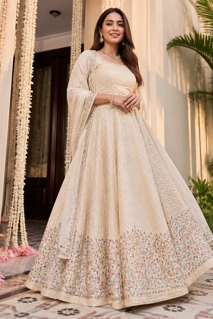 Cream lehenga with a pastel confetti-style textured border