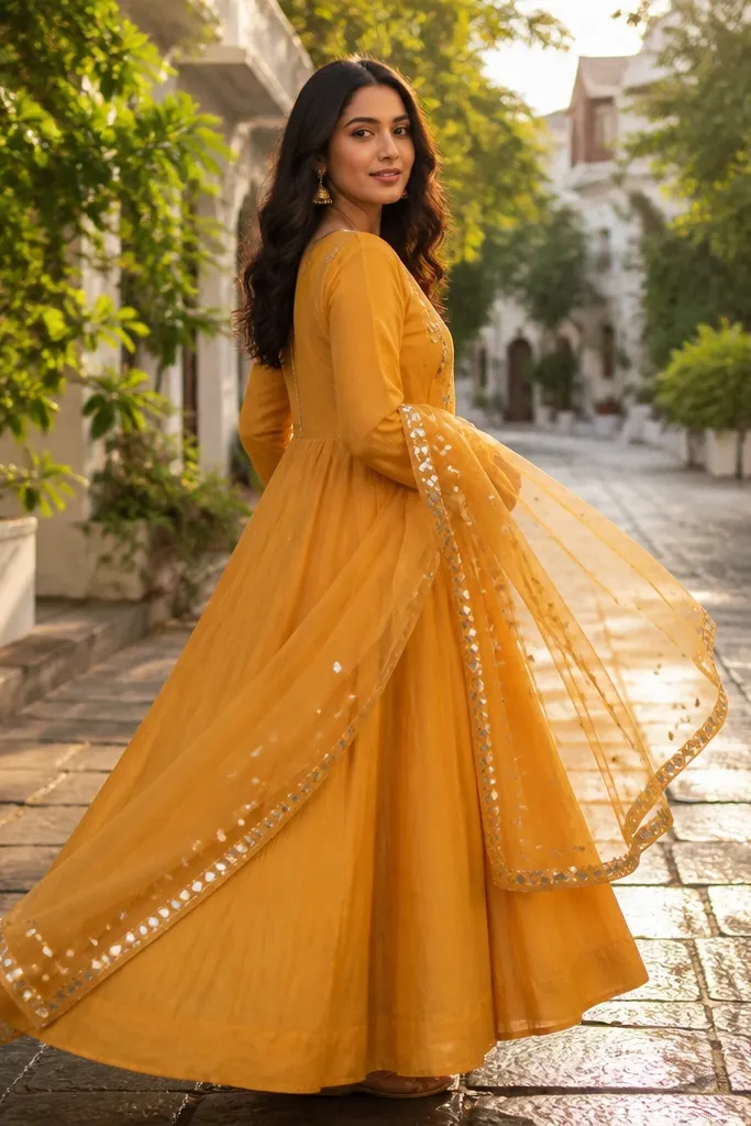 Mango-yellow anarkali with mirror trim and a light net dupatta