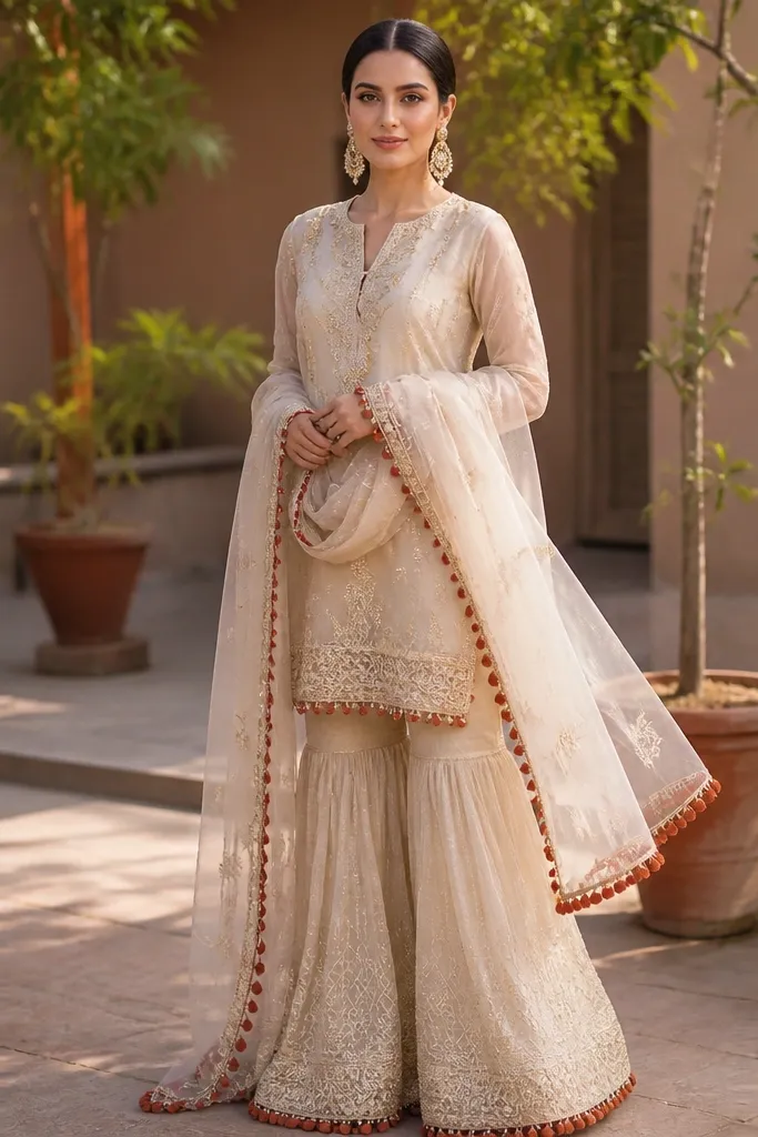 Cream gharara with terracotta pom trim and a sheer organza veil