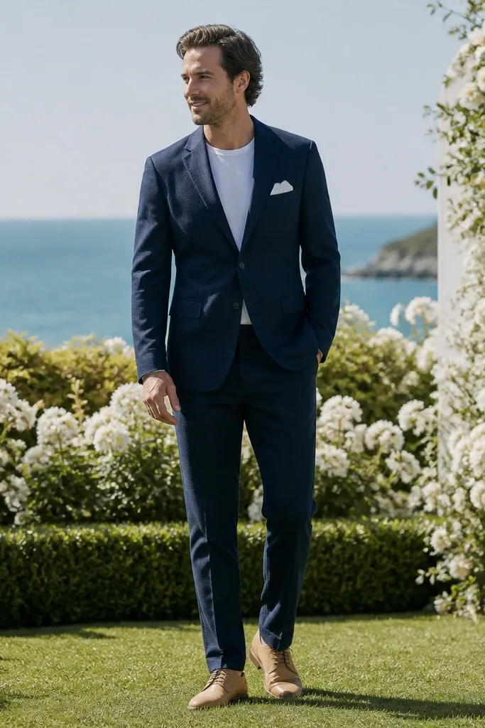 Navy seersucker suit with a white pocket tee and tan derby shoes