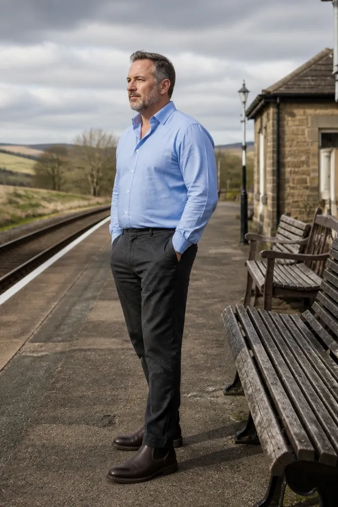 Charcoal linen trousers with a light blue poplin shirt and dark brown boots