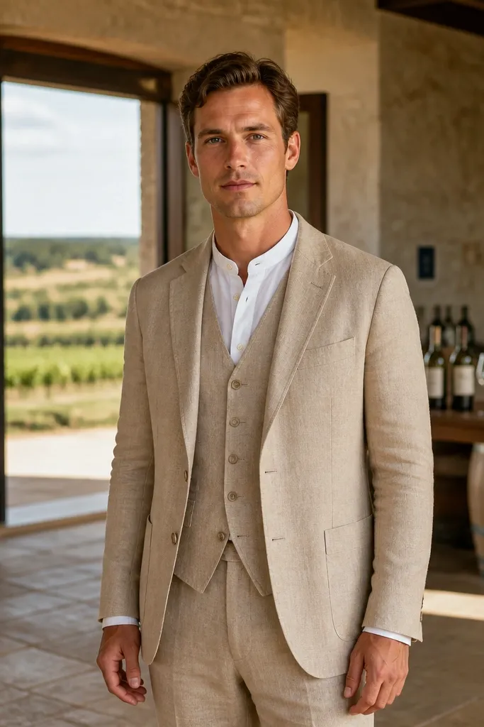 Sand cotton suit with a vest and a white band-collar shirt