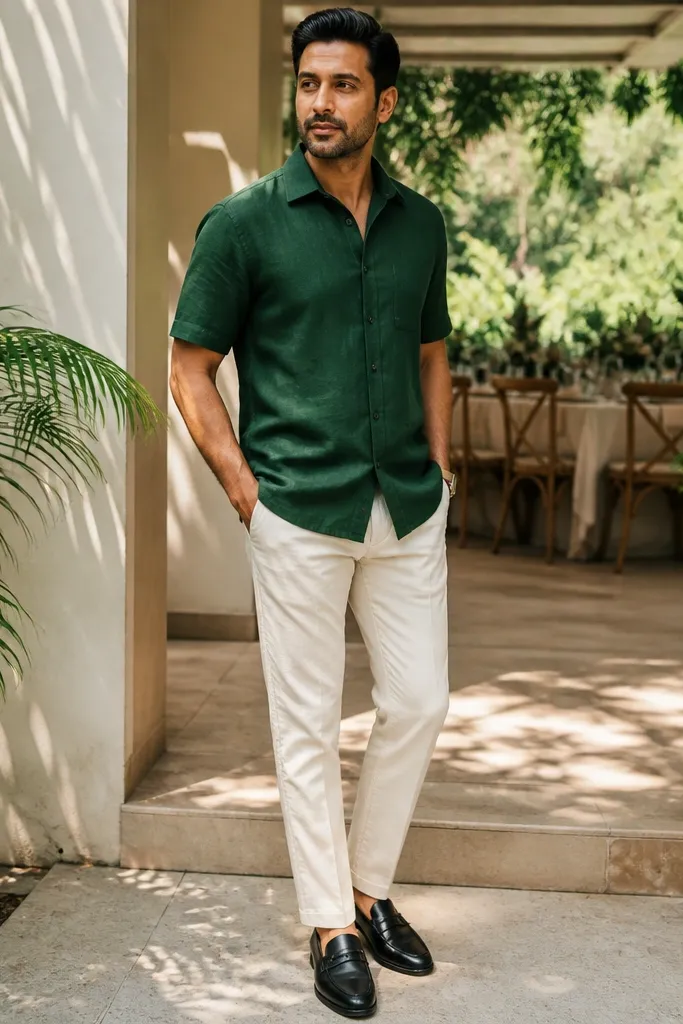 Forest green short-sleeve linen shirt with cream trousers and black leather loafers