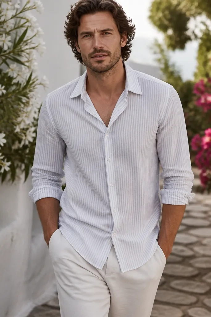 White linen shirt with subtle navy micro-stripe and light stone trousers