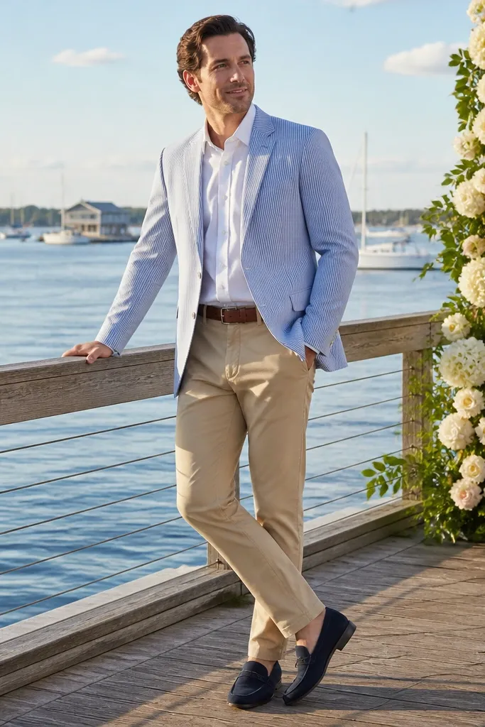 Light blue seersucker blazer with tan chinos and navy suede loafers